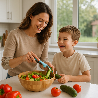 Maman avec fils prepare salade eplucheur a pommes