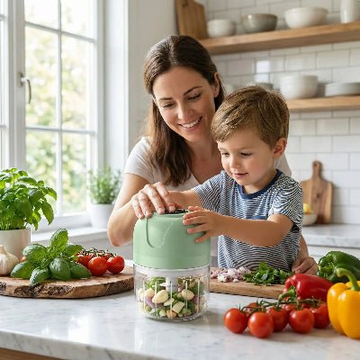 maman fiston utilisent hachoir electrique dans cuisine