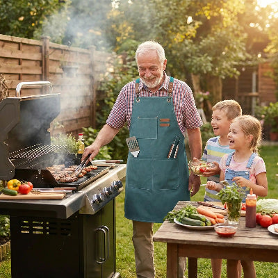 Grand-pere-cuit-viand-bbq-avec-petits-enfants