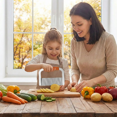 Maman fillette coupent legumes avec coupe frite
