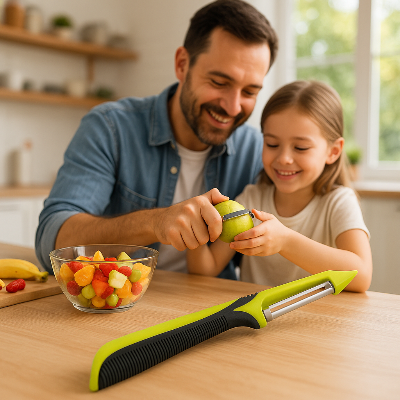 Papa  avec fille preparent salade fruits éplucheur à pommes