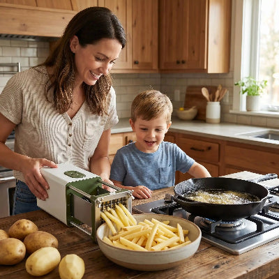 maman essaye son coupe frite professionnel avec son fils