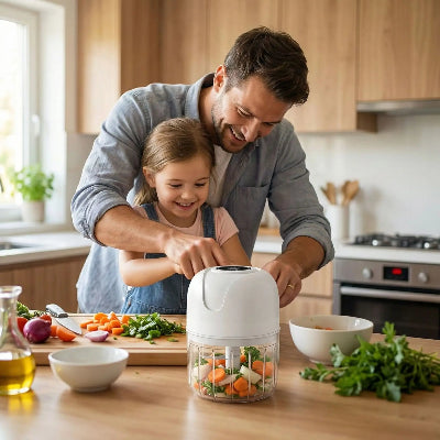 papa prepare souper avec hachoir electrique